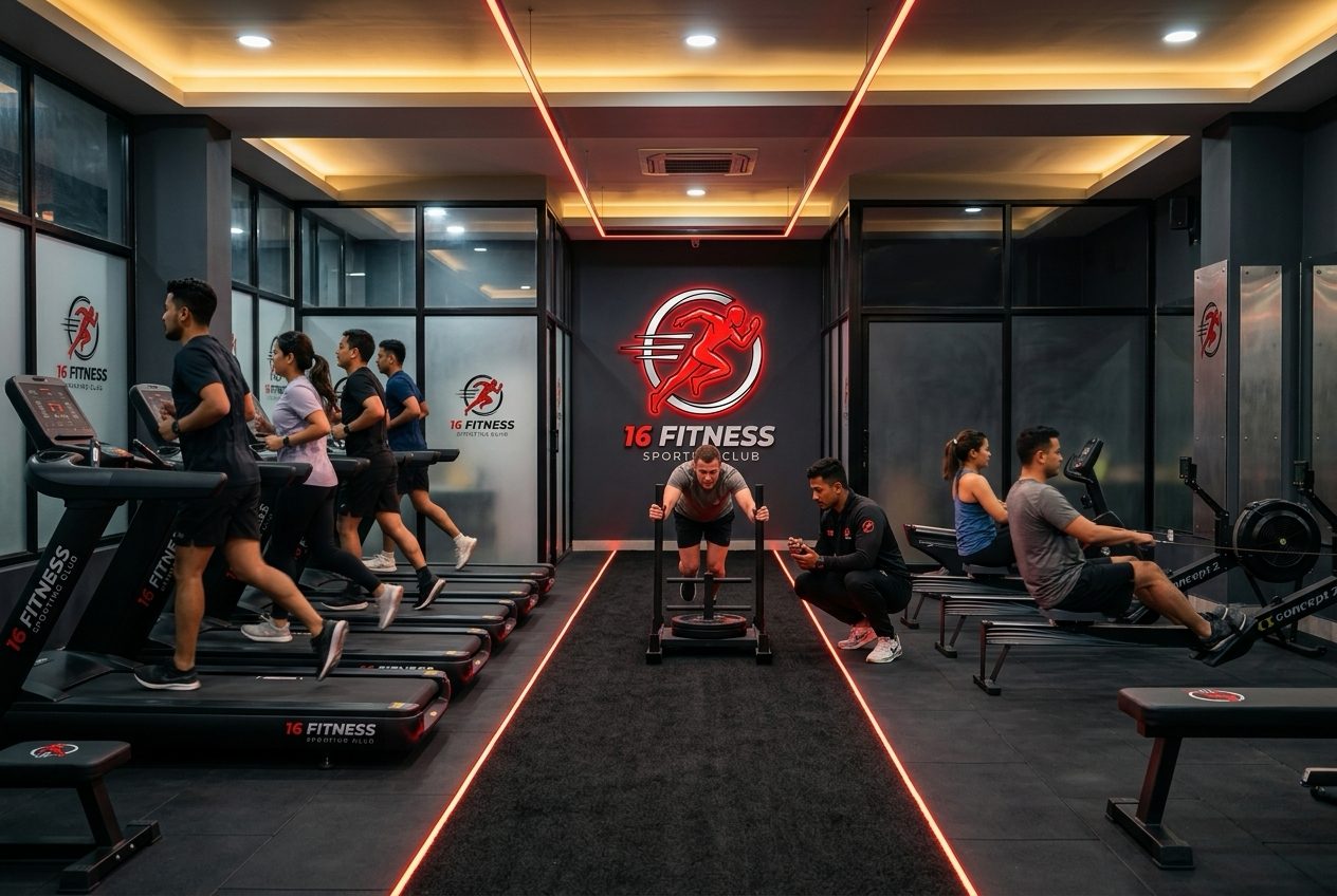 Cardio & Conditioning floor with treadmills, rowers, and a turf sled lane overlooking the lake at sunset