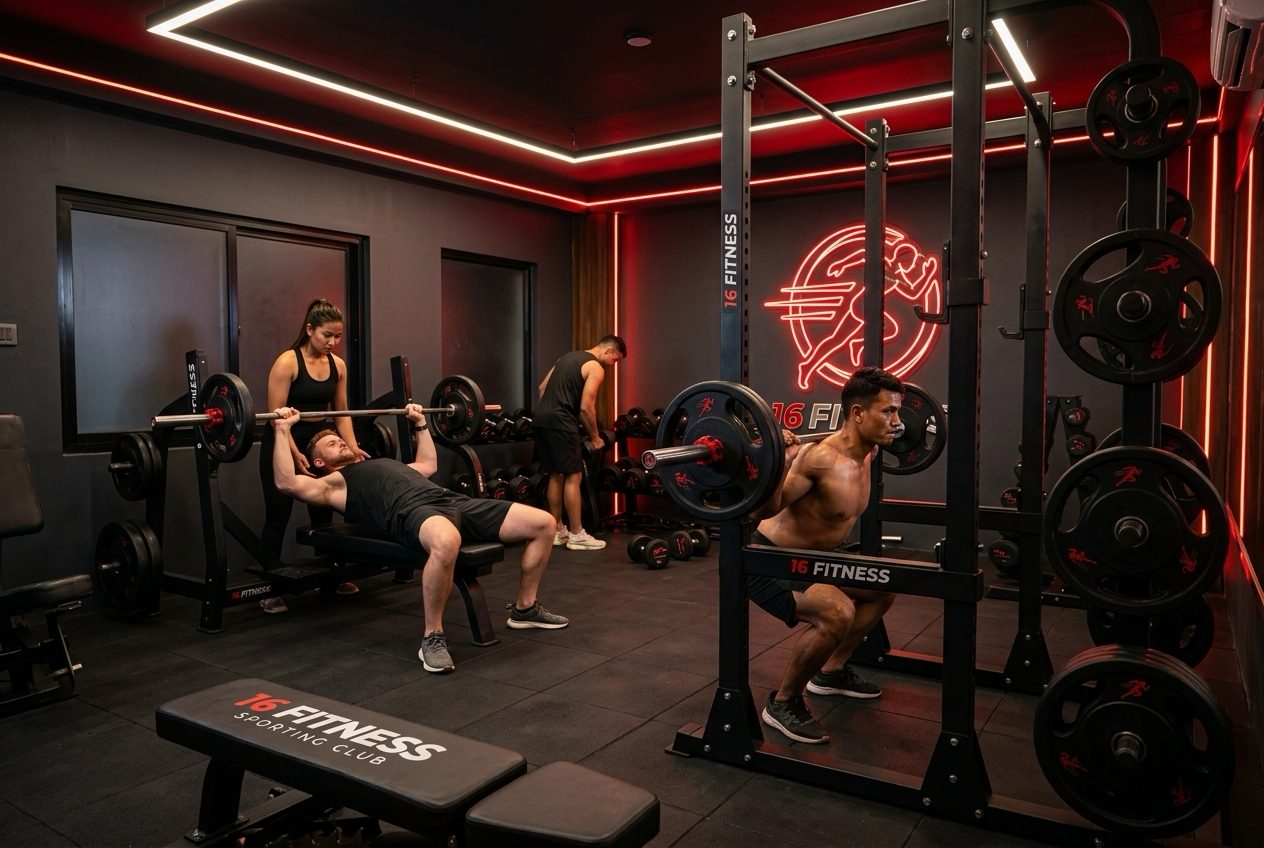 Strength & Free Weights floor with squat racks, a dumbbell wall, and a mountain view through floor-to-ceiling windows