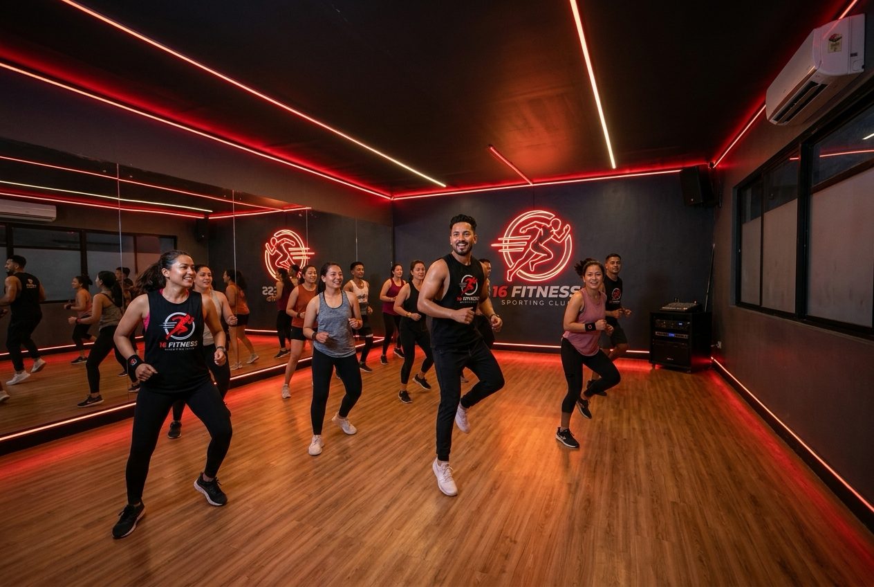Group Zumba class in the studio, wood floor and mirrored wall with the 16 monogram